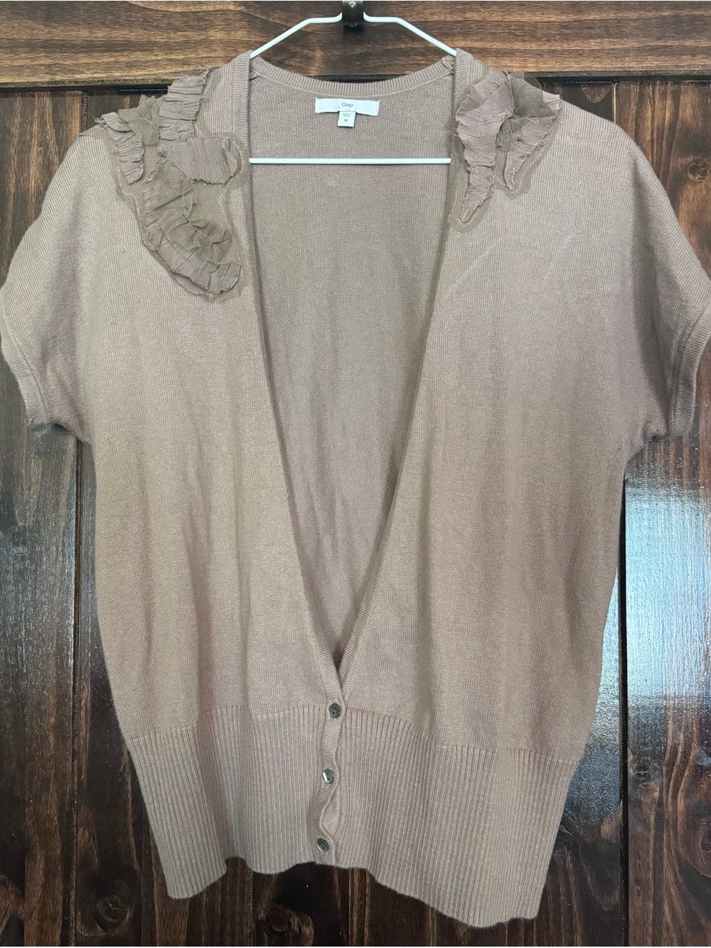 GAP Short-Sleeve Ruffle Shoulder Cardigan in Taupe